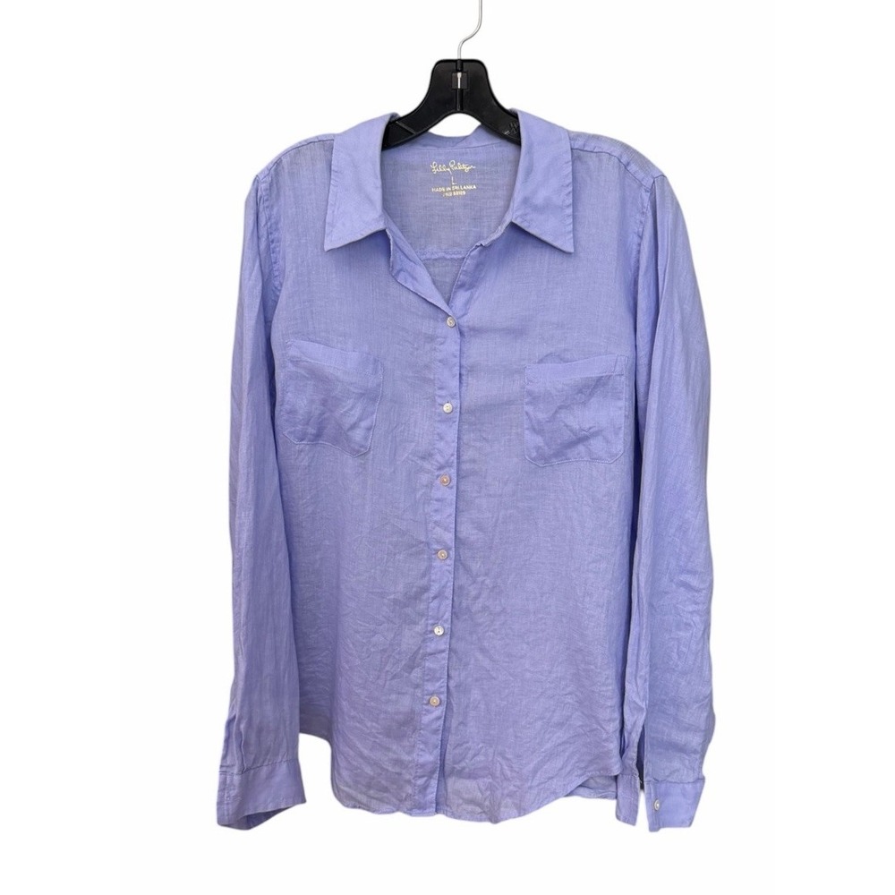 Lilly Pulitzer Shirt Women's Large Deanna 100% Linen Popover Tunic Blue #KKK9-2